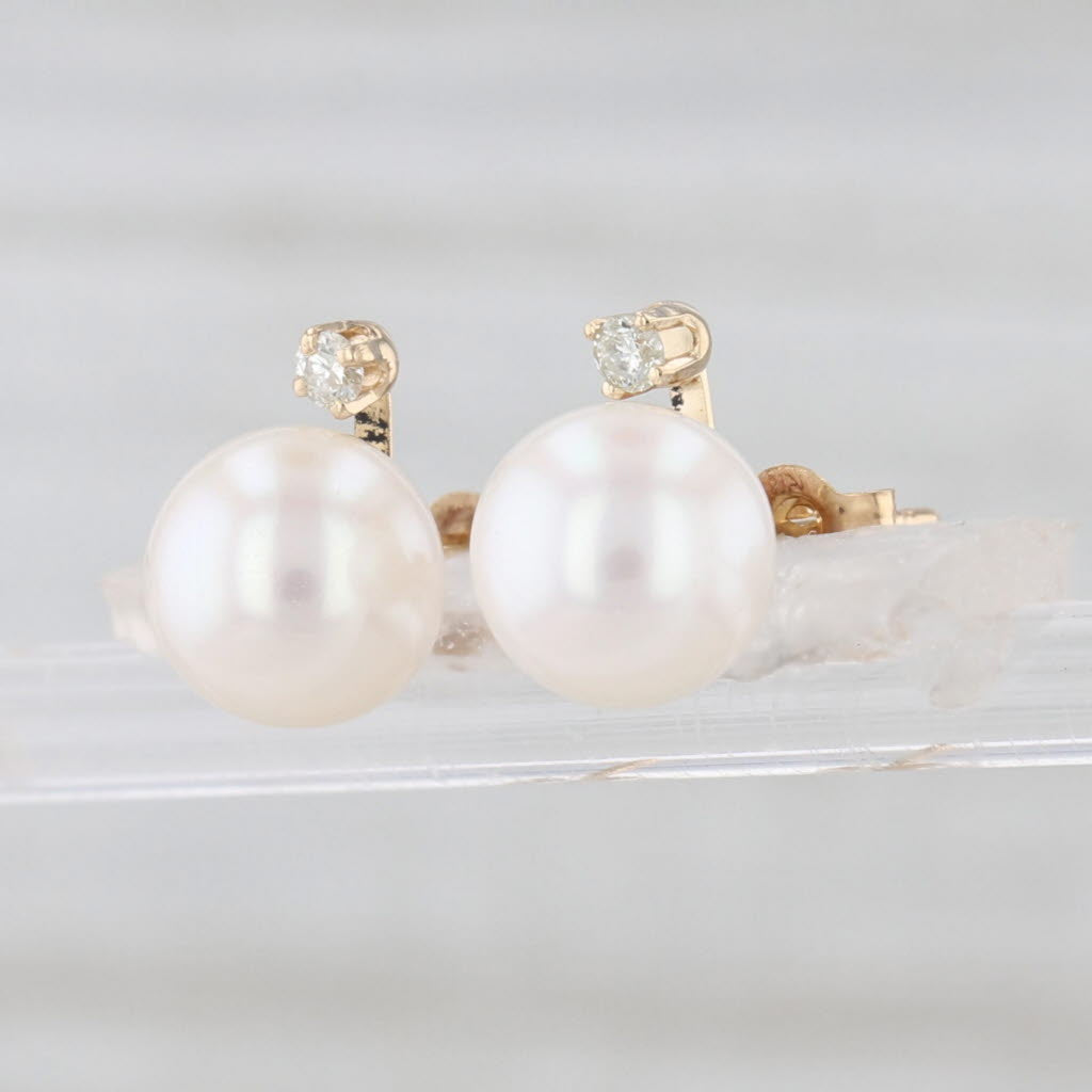 Cultured Pearl Diamond Stud Earrings 14k Yellow Gold 7.3-7.4mm Studs
