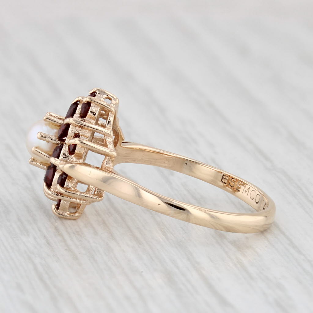 Light Gray Cultured Pearl Garnet Flower Ring 14k Yellow Gold Size 6.75