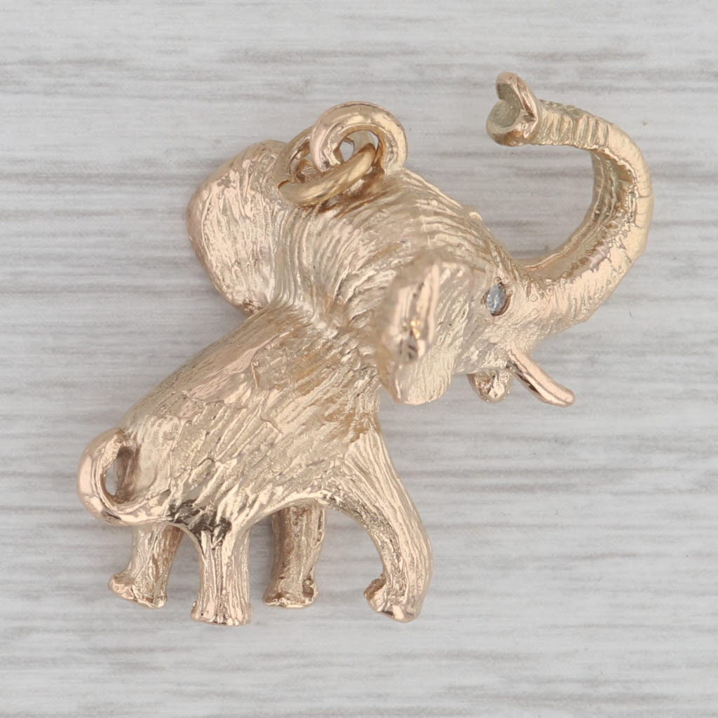 Gray Diamond Eyed Baby Elephant Charm 12k Yellow Gold Figural Figurine Animal Jewelry