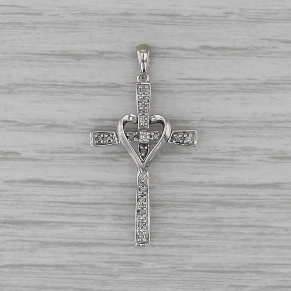 Diamond Heart Accented Cross Pendant 10k White Gold