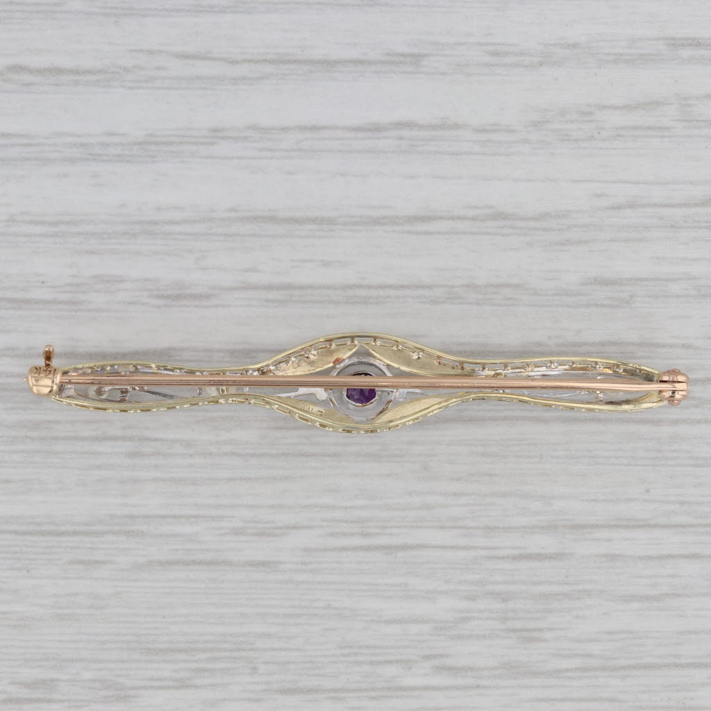 Gray Vintage Seed Pearl 0.10ct Amethyst Ornate Bar Pin 14k Gold Brooch
