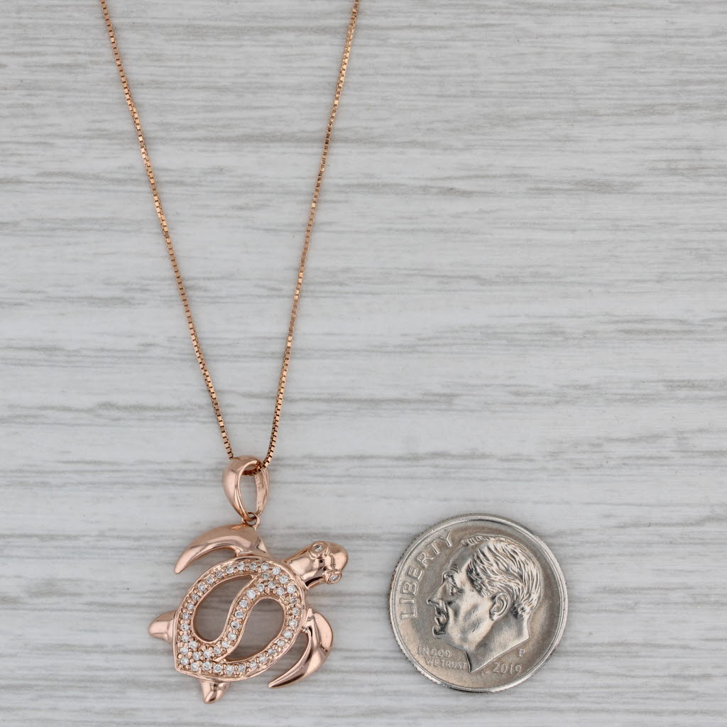 Gray Diamond Sea Turtle Pendant Necklace 14k Rose Gold 18.75" Box Chain