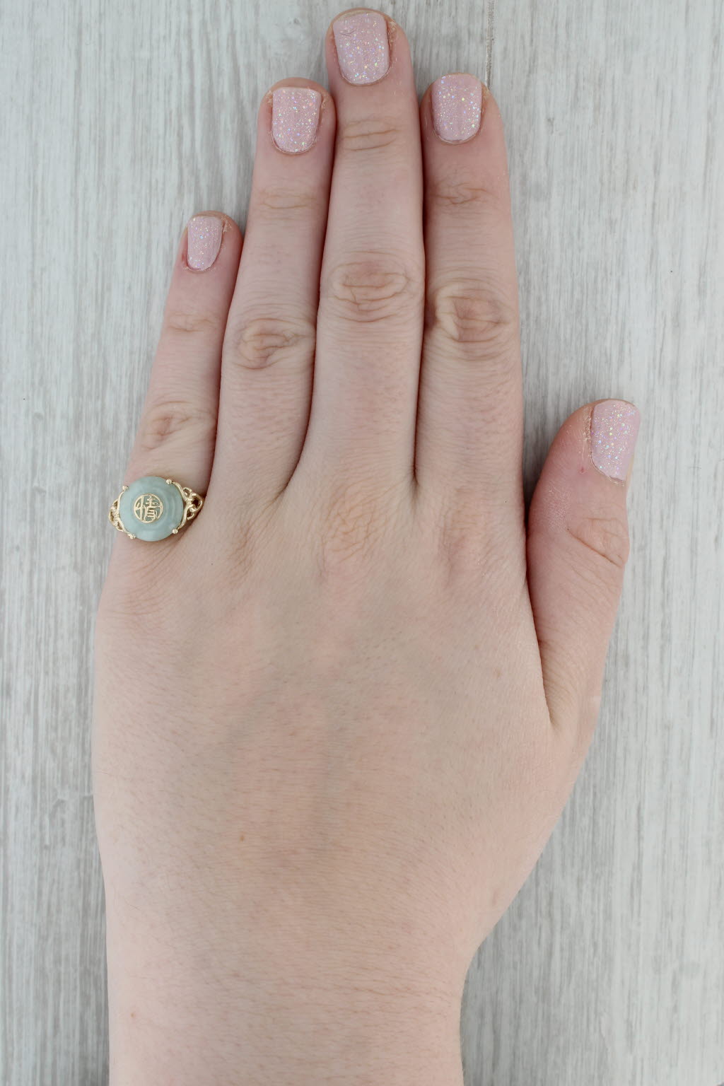 Dark Gray Green Jadeite Jade Torus Good Luck Fortune Ring 14k Yellow Gold Size 6