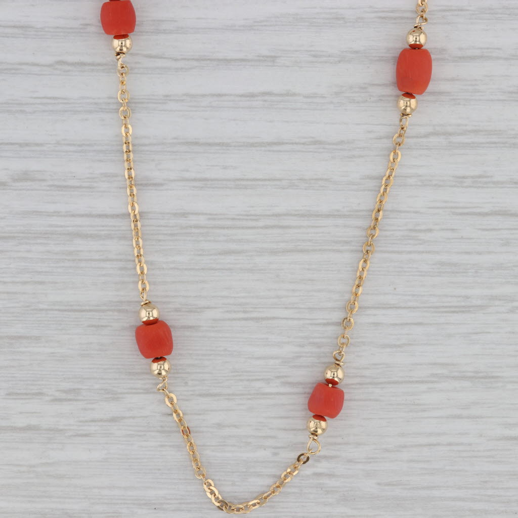 Gray Red Coral Station Cable Chain Necklace 18k Yellow Gold 18"