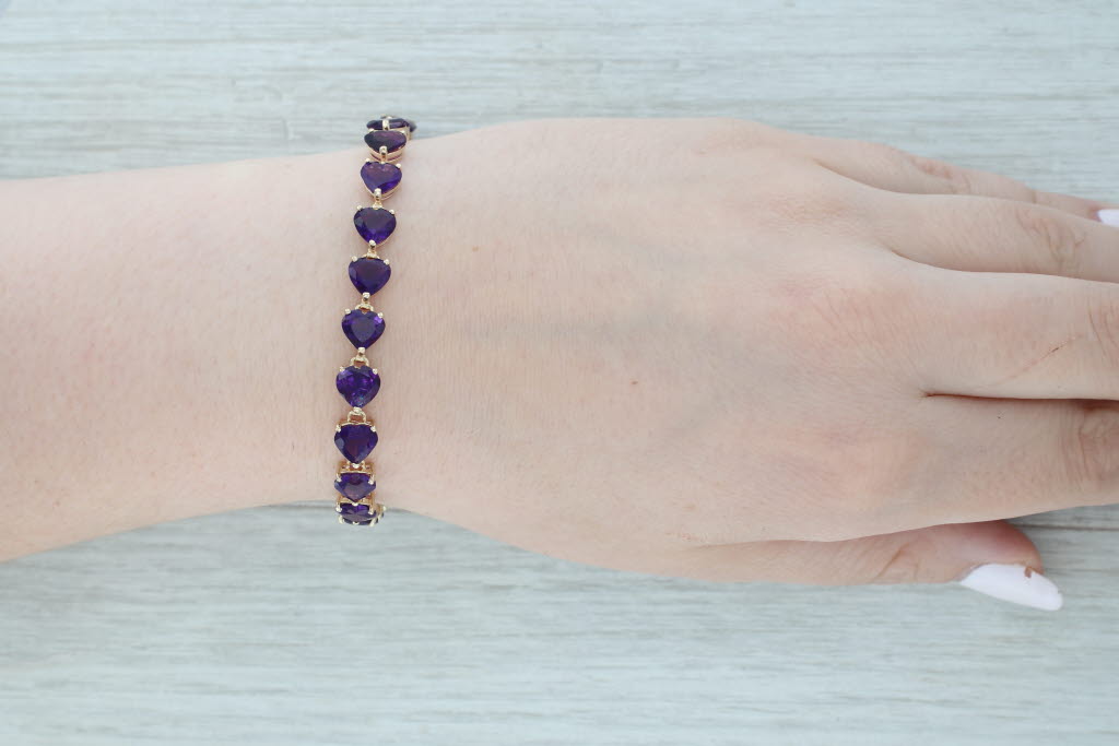 Gray 2ctw Amethyst Hearts Tennis Bracelet 14k Yellow Gold 6.75" 7.2mm