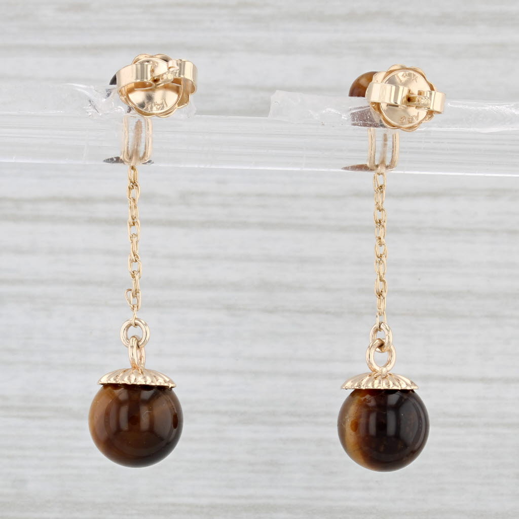 Light Gray Tiger's Eye Dangle Earrings 14k Yellow Gold Brown Bead Drops