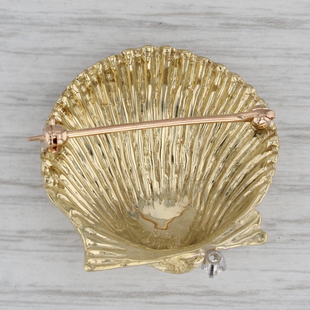 Gray Seashell Brooch 18k Yellow Gold Diamond Accent Nautical Shell Pin