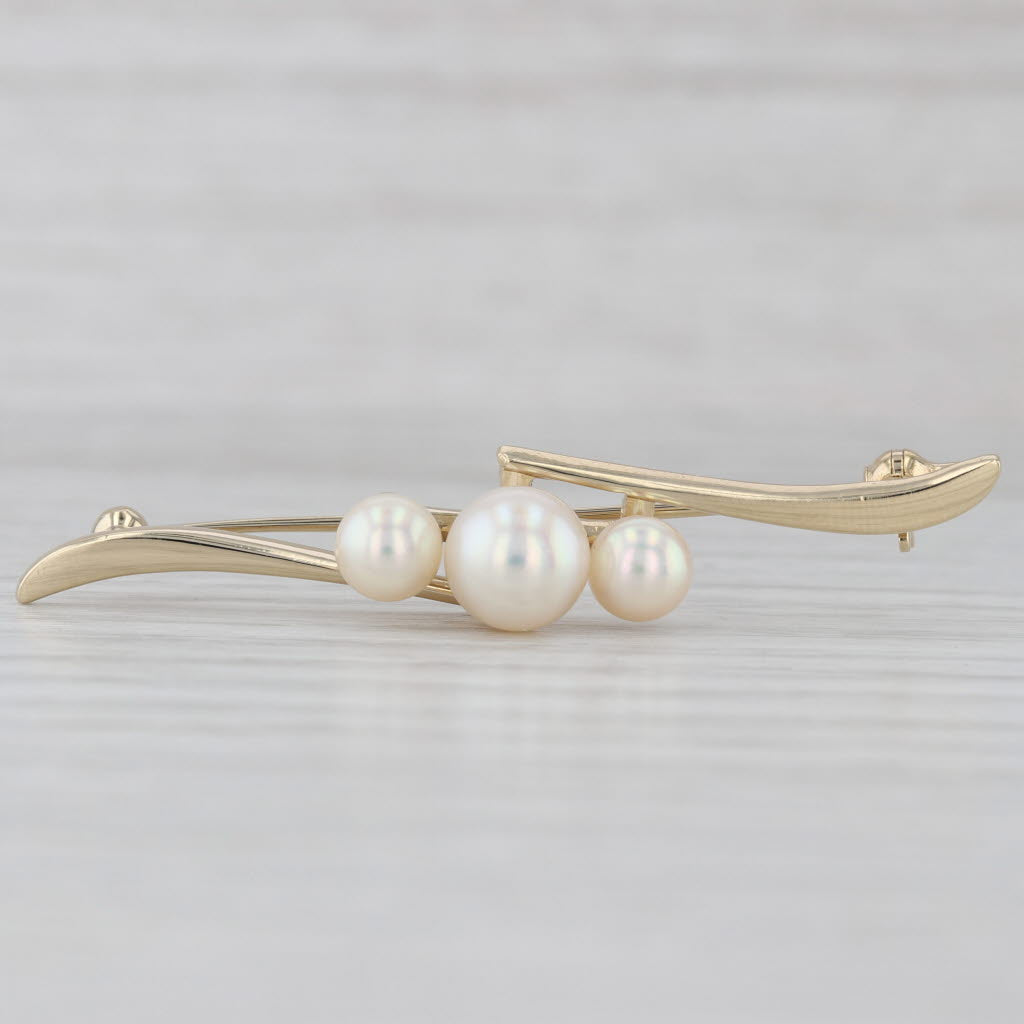Gray Vintage Mikimoto Cultured Pearl Bar Brooch w/ Box 14k Yellow Gold