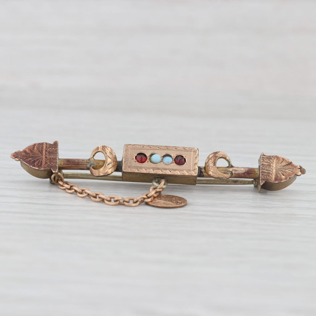 Light Gray Antique Victorian Bar Pin Opal Garnet Gold Filled Brooch