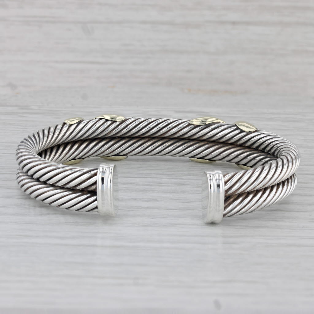 Gray David Yurman Double Cable Classic Cuff Bracelet Sterling Silver 14k Gold 6.5"