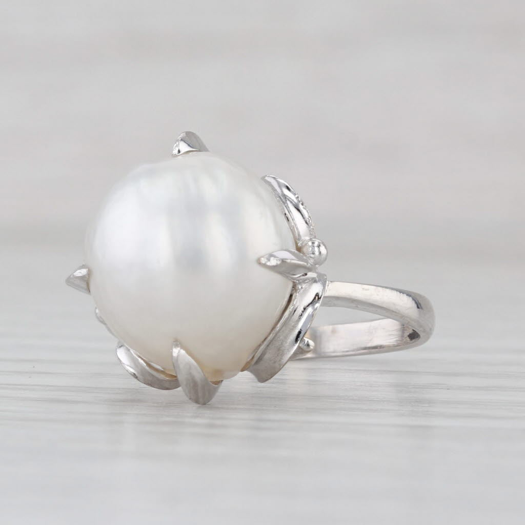 12mm Cultured Pearl Solitaire Ring 14k White Gold Size 6.75 Ornate Setting