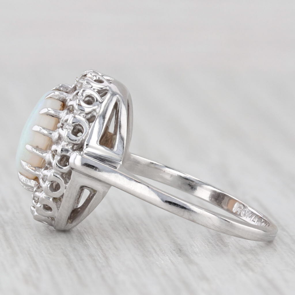 Oval Cabochon Opal Diamond Halo Ring 14k White Gold Size 6