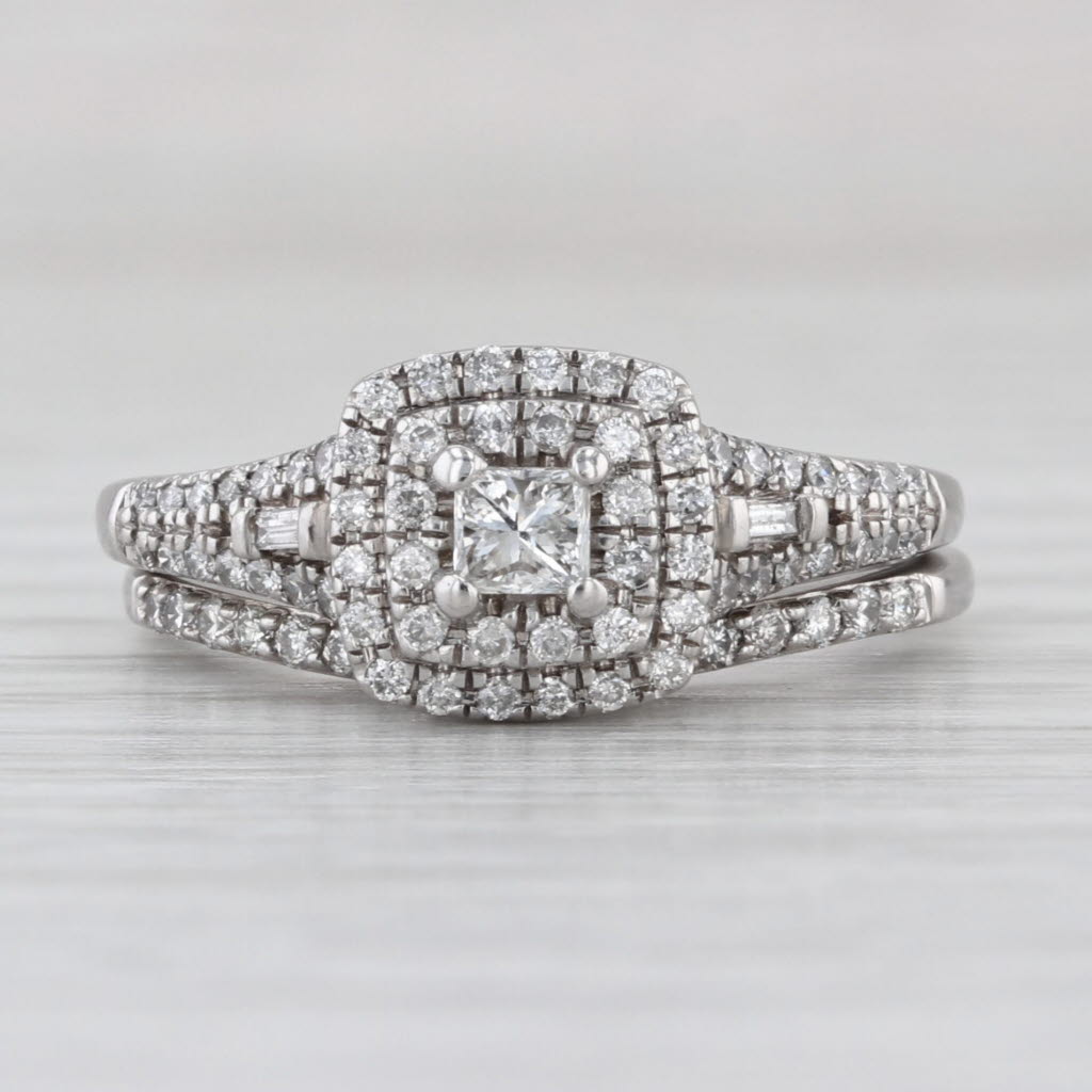0.58ctw Diamond Halo Engagement Ring wedding Band Set 10k White Gold Size 7.5
