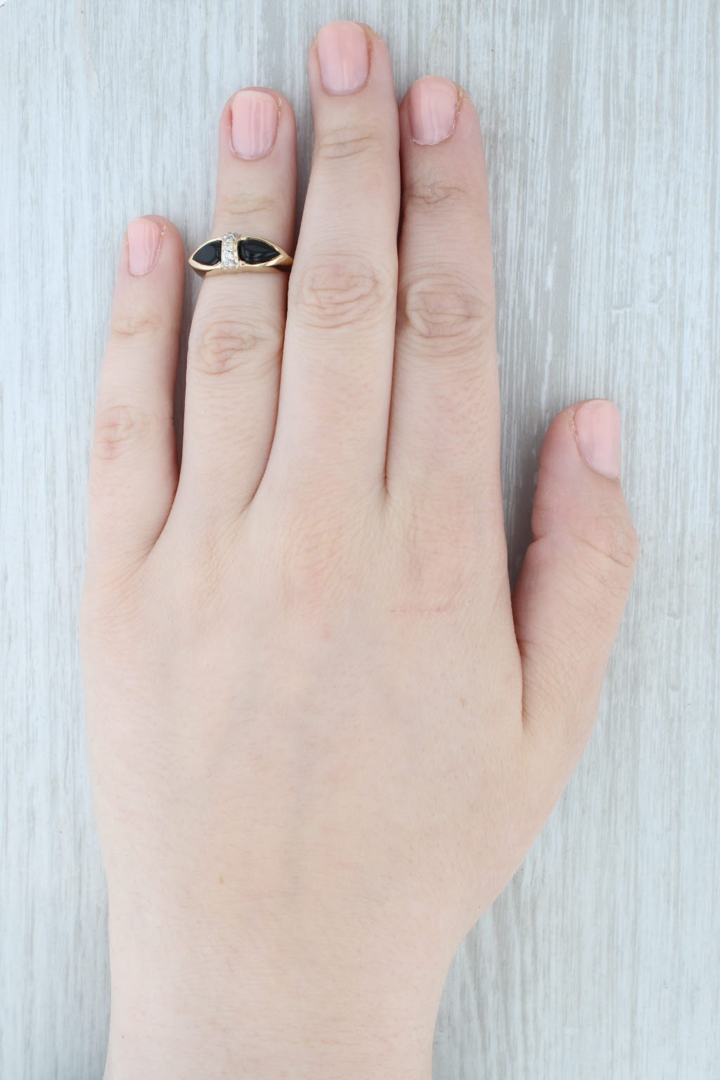 Light Gray Pear Cabochon Onyx Diamond Ring 14k Yellow Gold Size 5.25 Vintage