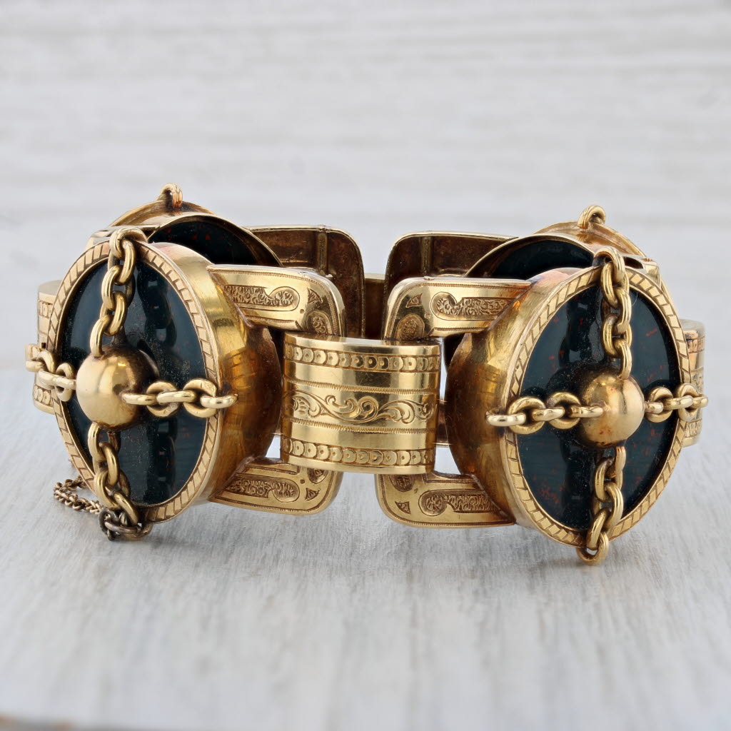 Gray Antique French Bloodstone Bracelet 18k Yellow Gold 6.75" 31.4mm Statement