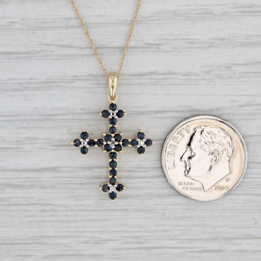 Light Gray 0.50ctw Blue Sapphire Cross Pendant 10k Gold Diamond Accents Rope Chain 18"