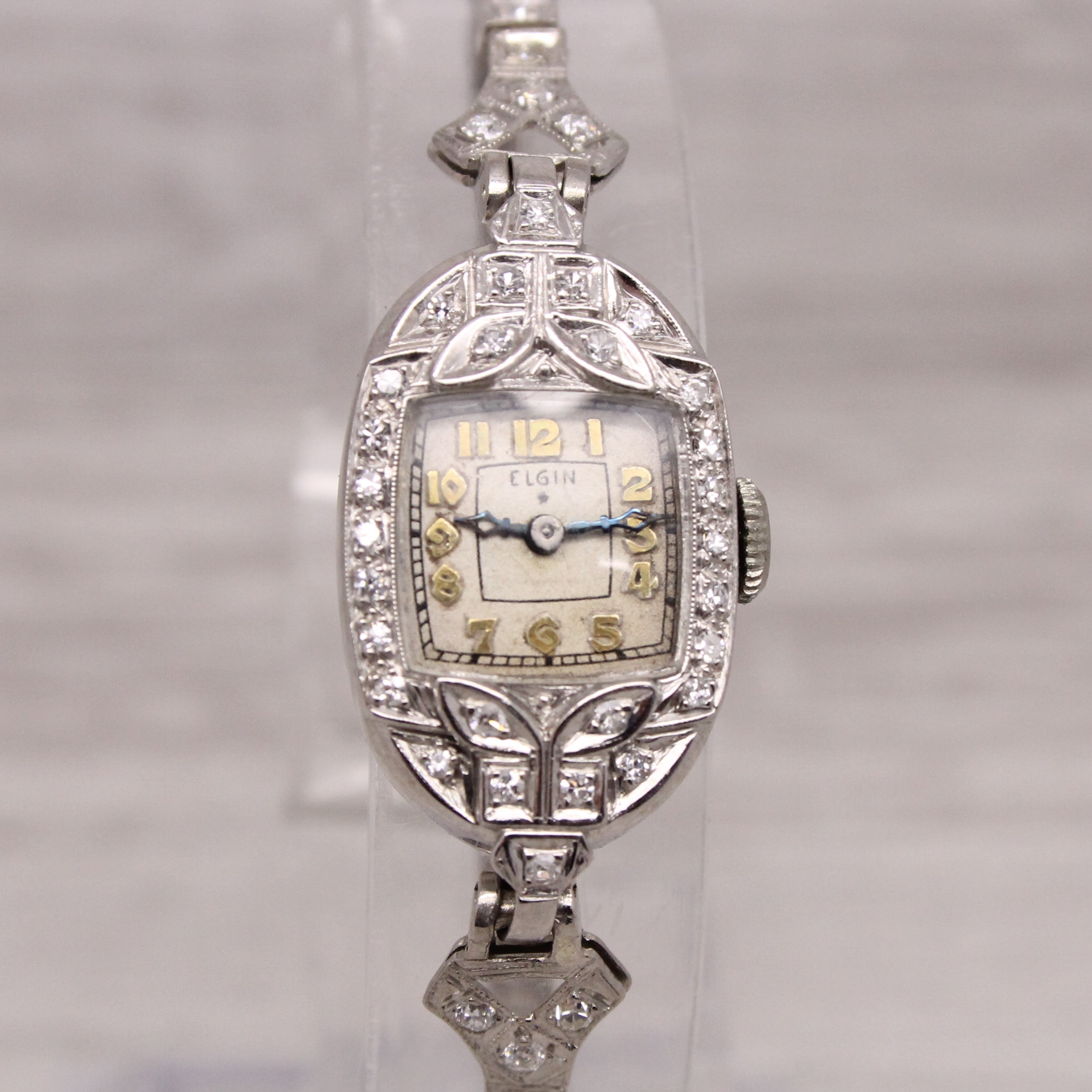 Dark Gray Antique Elgin Ladies Platinum & 14k Diamond Cocktail Watch 0.65ctw SERVICED