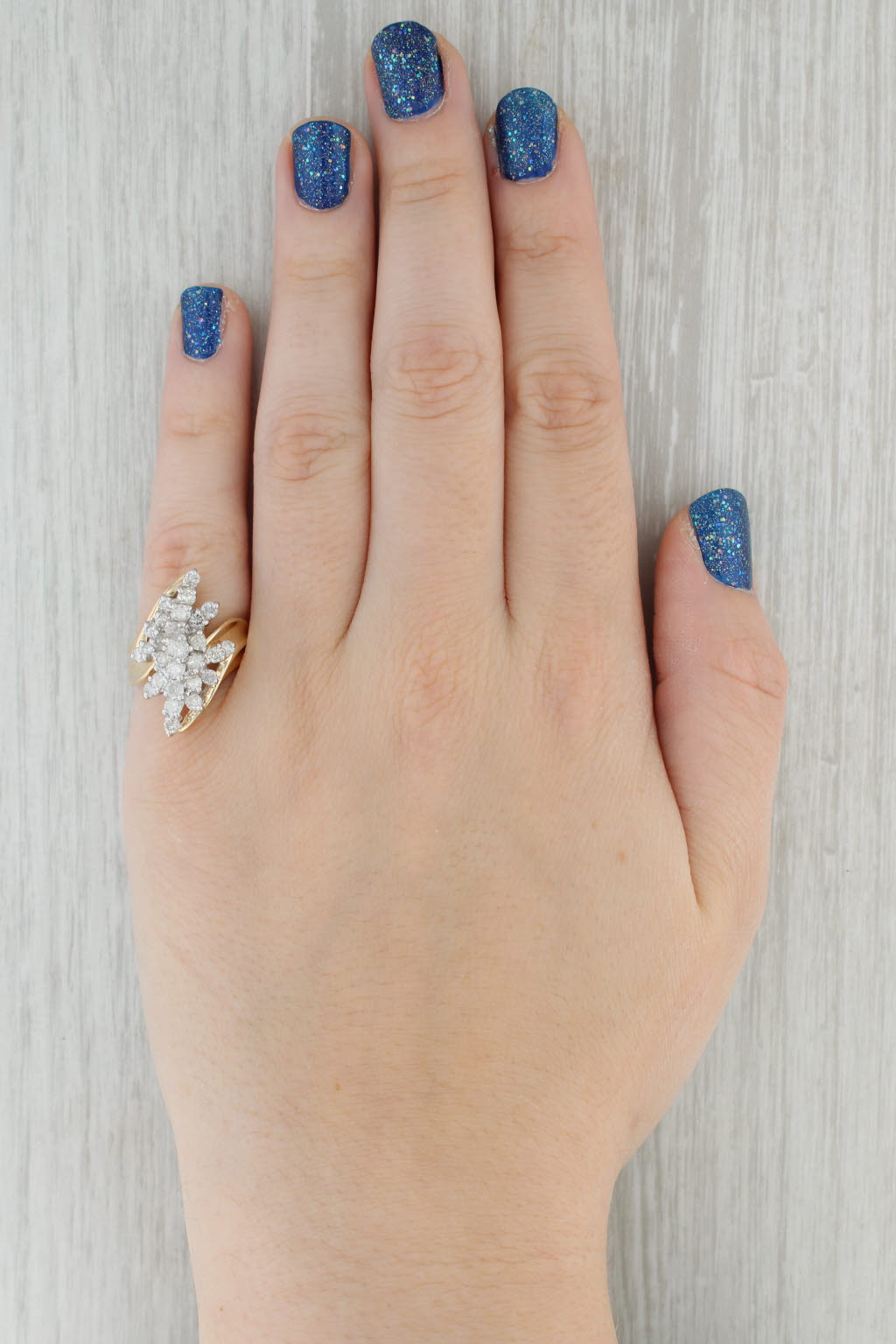 Gray 1.30ctw Diamond Cluster Bypass Ring 10k Yellow Gold Size 7.25 Cocktail