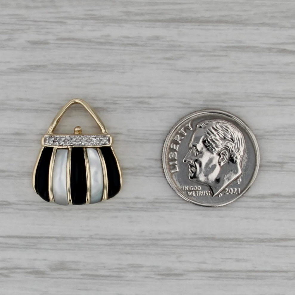 Onyx Mother of Pearl Diamond Purse Pendant 10k Yellow Gold Hand Bag Charm