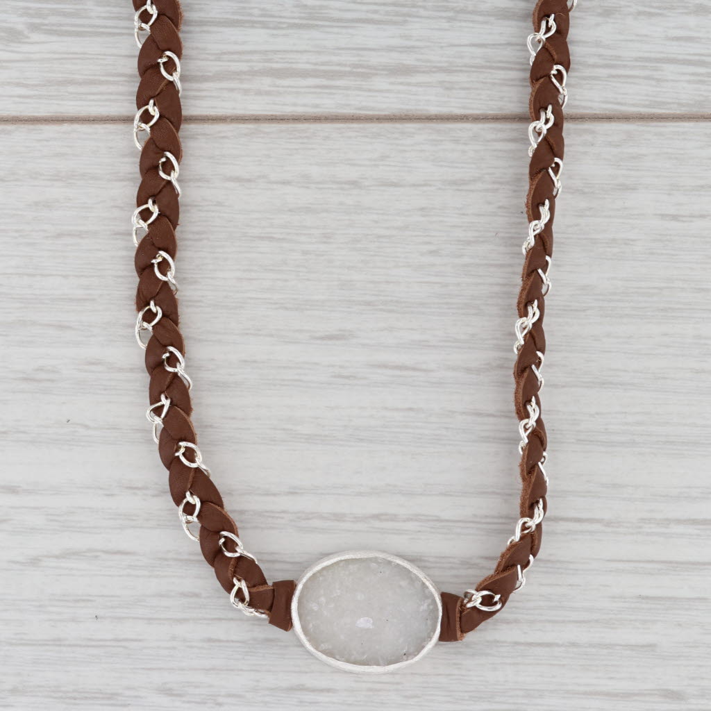 New Nina Wynn Necklace Cordelia Woven Brown Leather Druzy Quartz