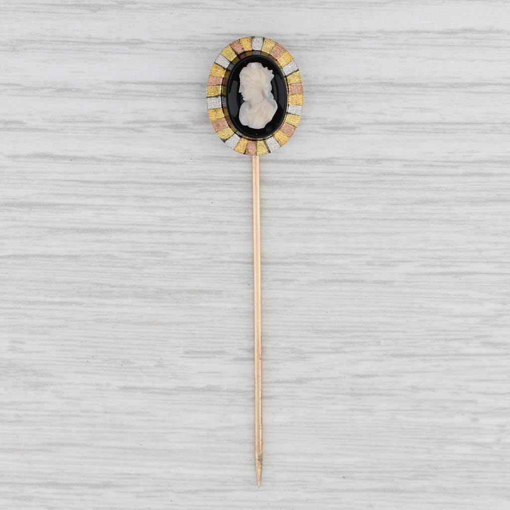 Light Gray Antique Onyx Carved Shell Cameo Stickpin 10k Gold Figural Tri-Toned Gold