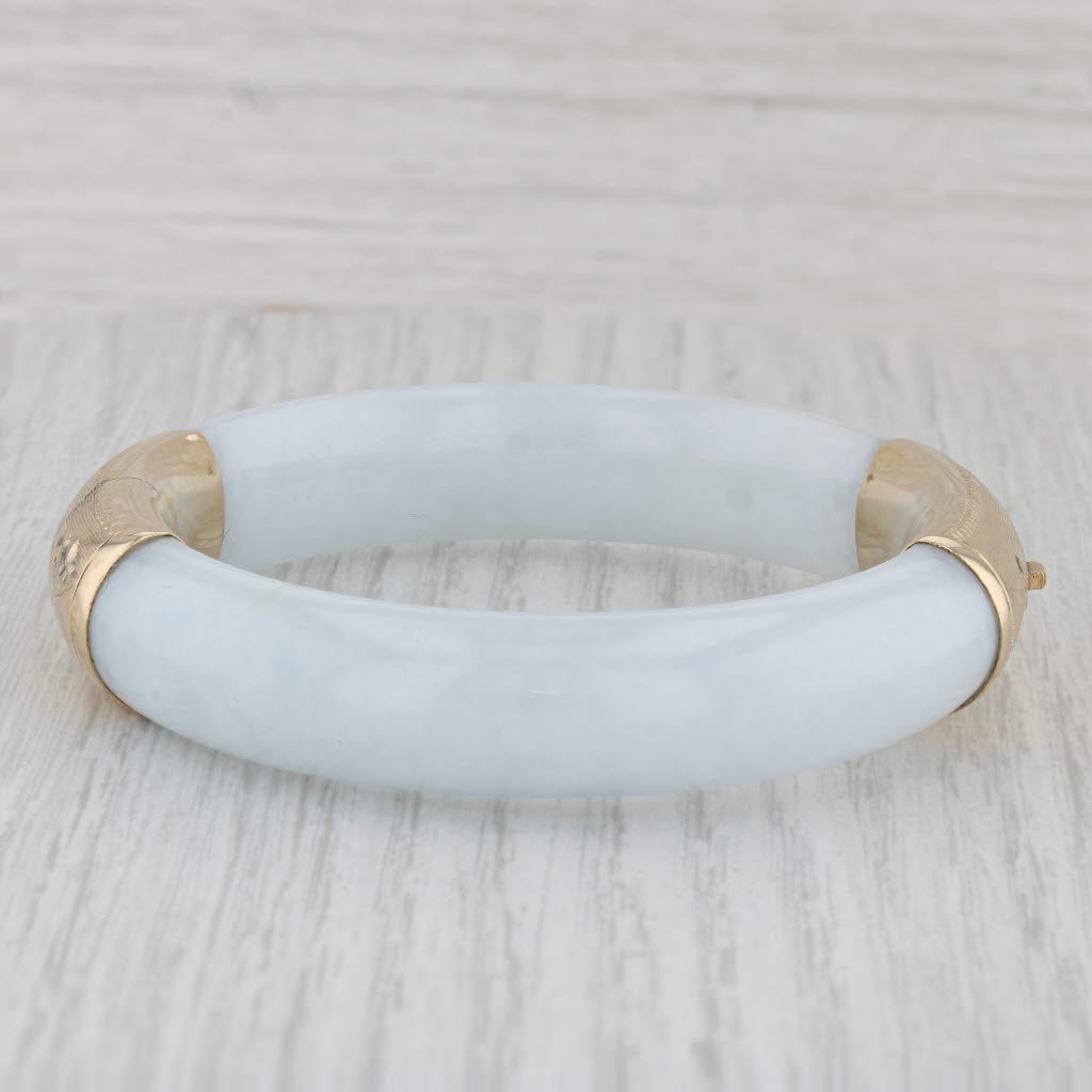 Gray Green Jadeite Jade Bangle Bracelet 14k Yellow Gold Floral Engraved 6.75"