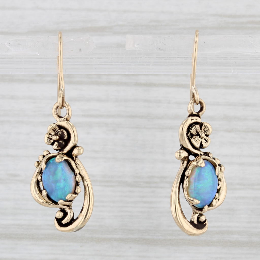 Light Gray Vintage Floral Blue Opal Dangle Earrings 14k Yellow Gold Hook Posts