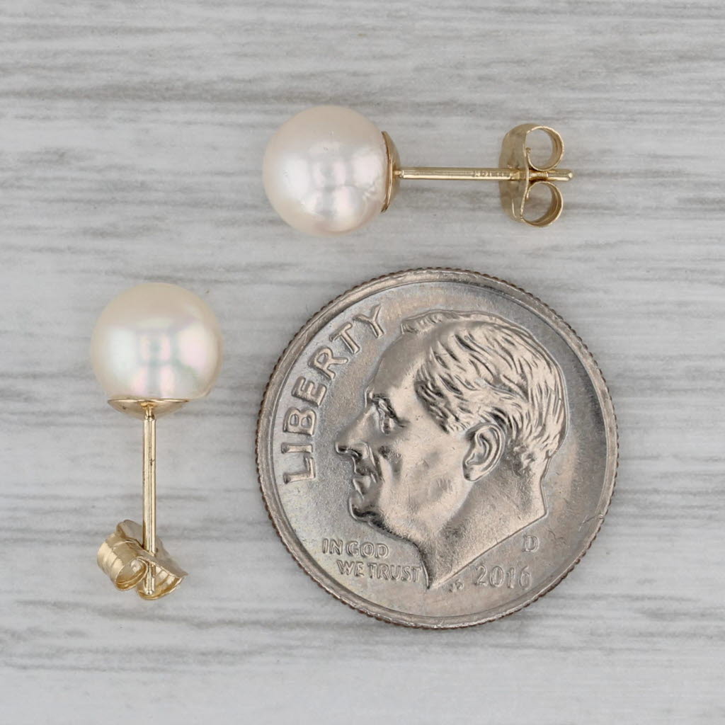 Dark Gray 6.5mm Round Cultured Pearl Bead Stud Earrings 14k Yellow Gold