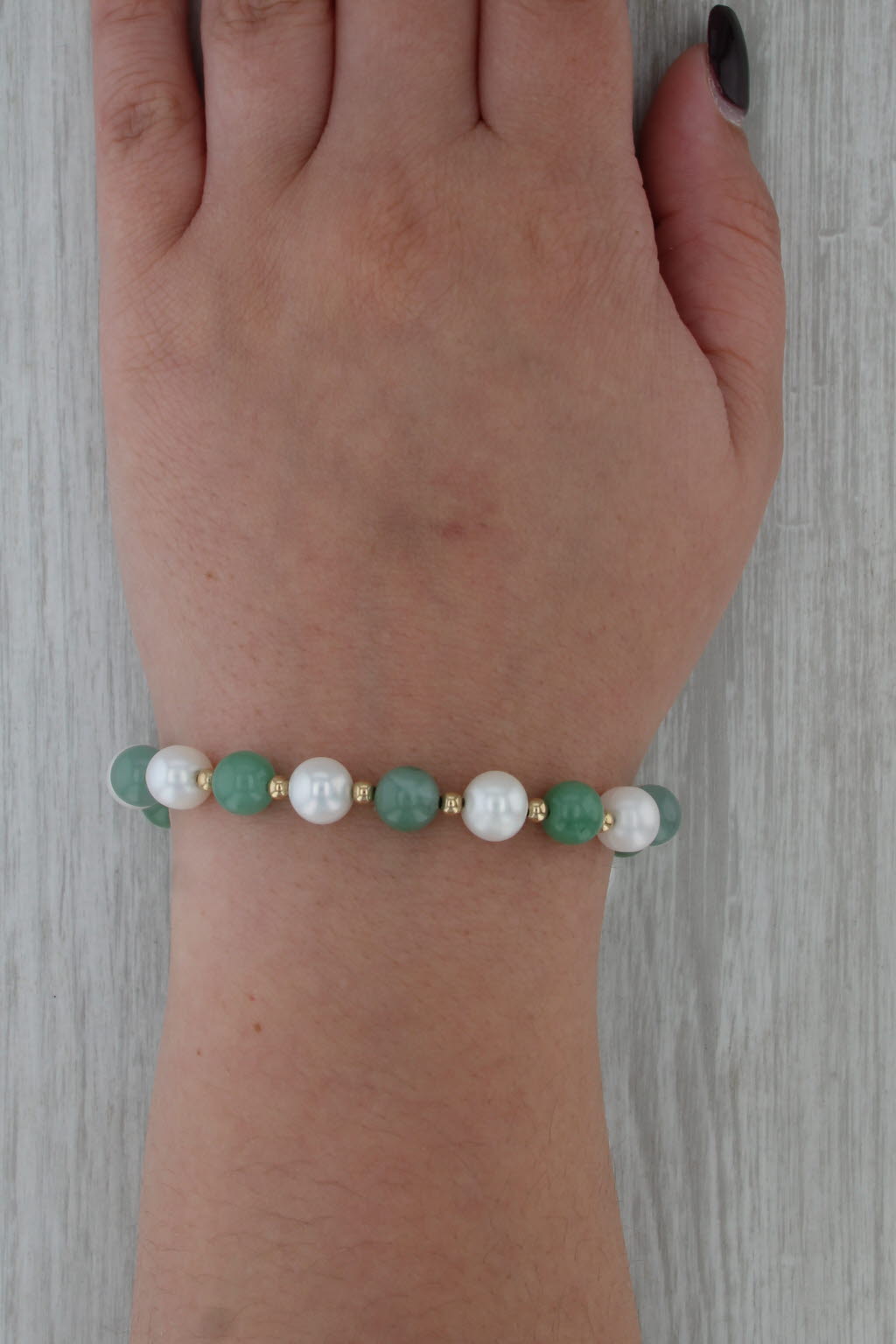 Cultured Pearl Prehnite Bead Bracelet 14k Yellow Gold 7.5" Single Strand