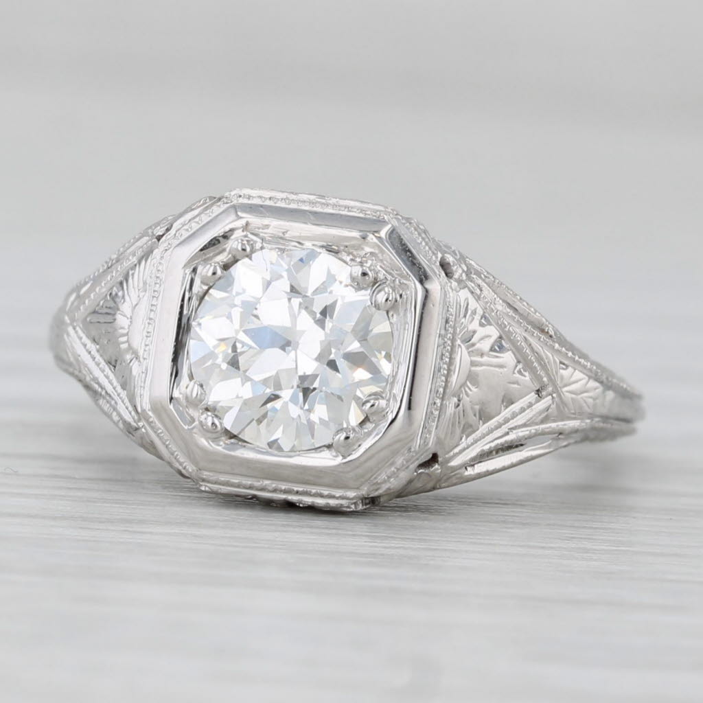 Light Gray Art Deco 1.08ct Old European Diamond Engagement Ring 18k Gold Floral Sz 5.25 GIA
