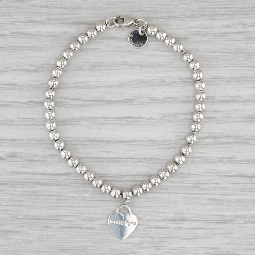 Return to Tiffany Heart Charm Bead Bracelet w/ Pouch Box Sterling Silver 6.5"