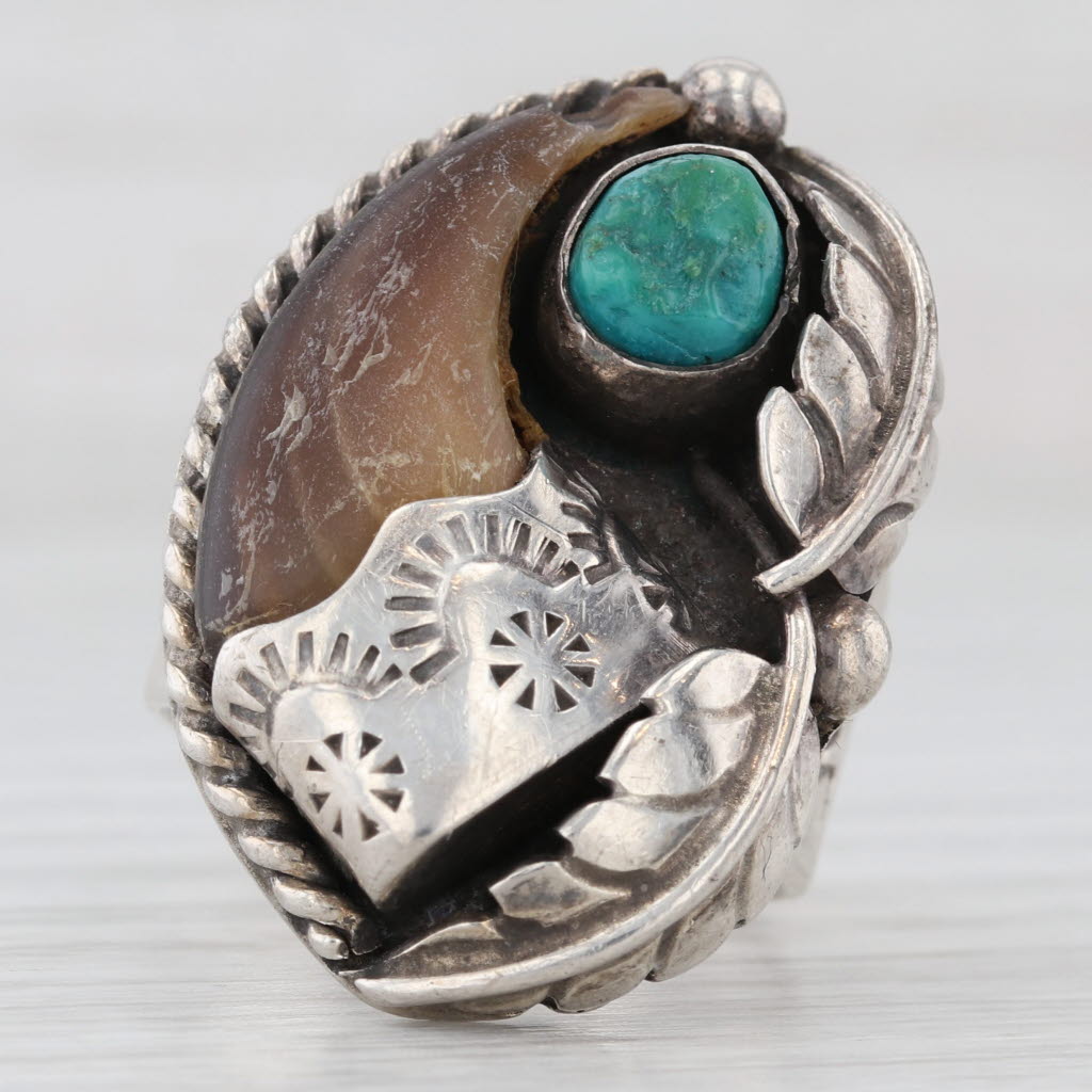 Vintage Native American Turquoise Cabochon Ring Sterling Silver Signed Size 9.5