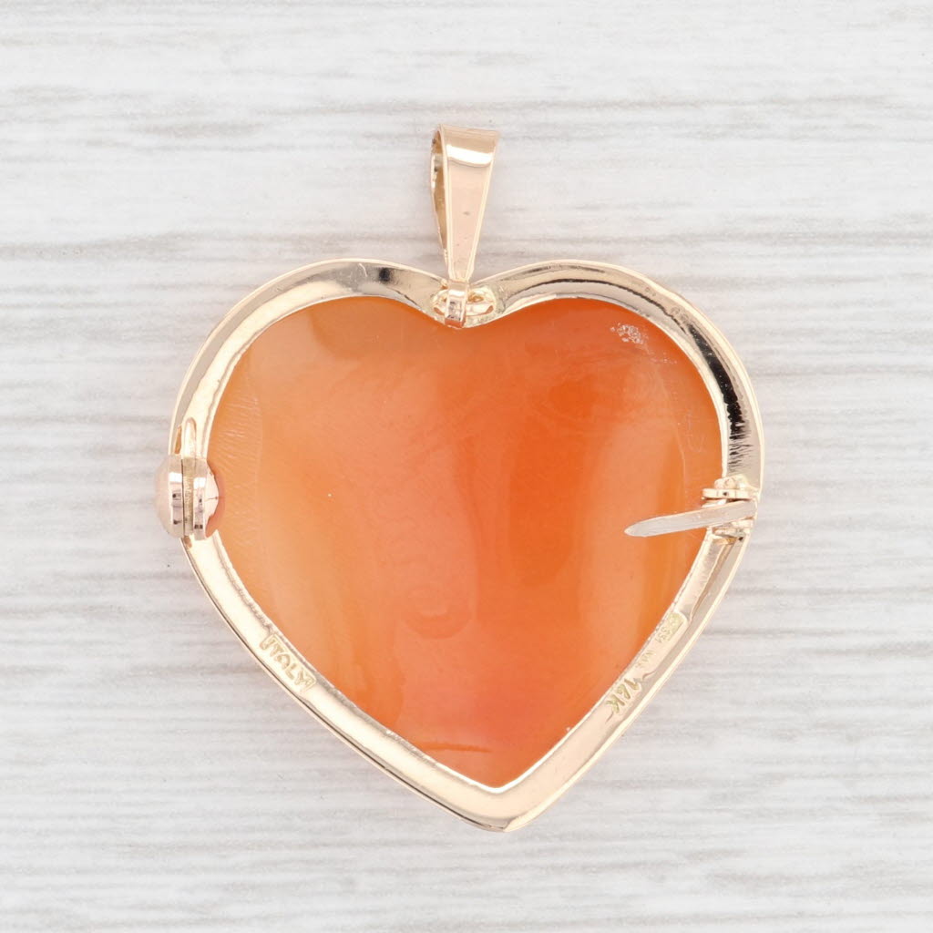 Light Gray Carved Shell Cameo Heart Brooch Pendant 14k Yellow Gold Italian Figural Pin