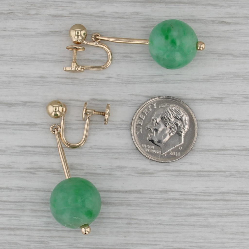 Green Jadeite Jade Bead Dangle Earrings 14k Yellow Gold Non Pierced Screw Backs