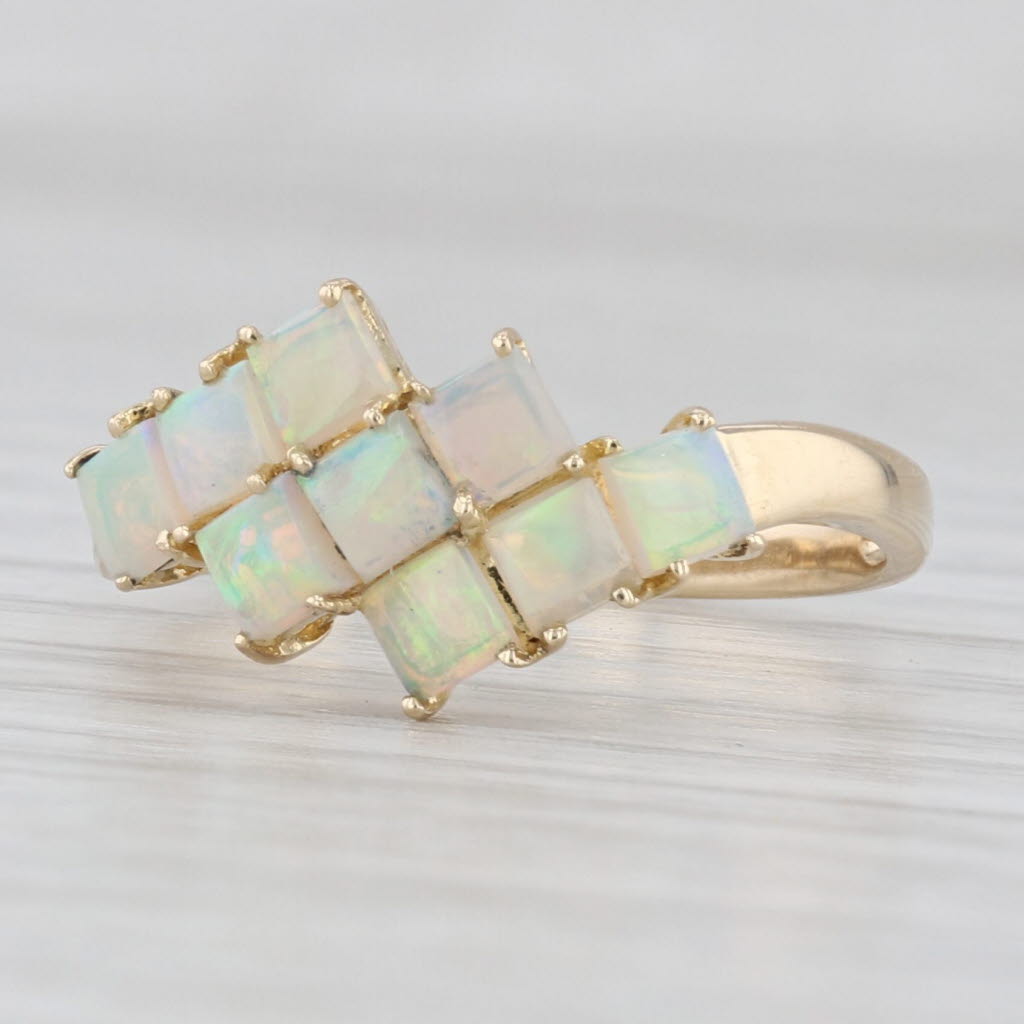 Light Gray Opal Cabochon Bypass Ring 14k Yellow Gold 3-Row 3-Stone Size 6.75