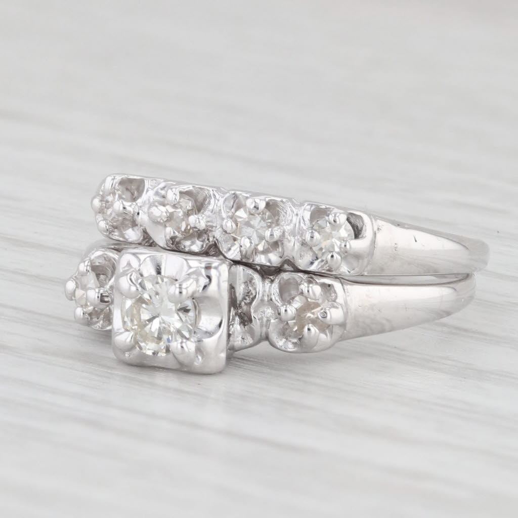 Light Gray Vintage 0.44ctw Diamond Engagement Ring Wedding Band Bridal Set 14k White Gold
