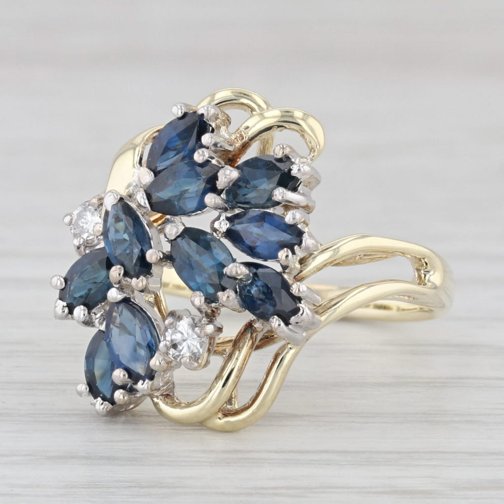 Light Gray 1.70ctw Blue Sapphire Diamond Cluster Ring 14k Yellow Gold Size 6
