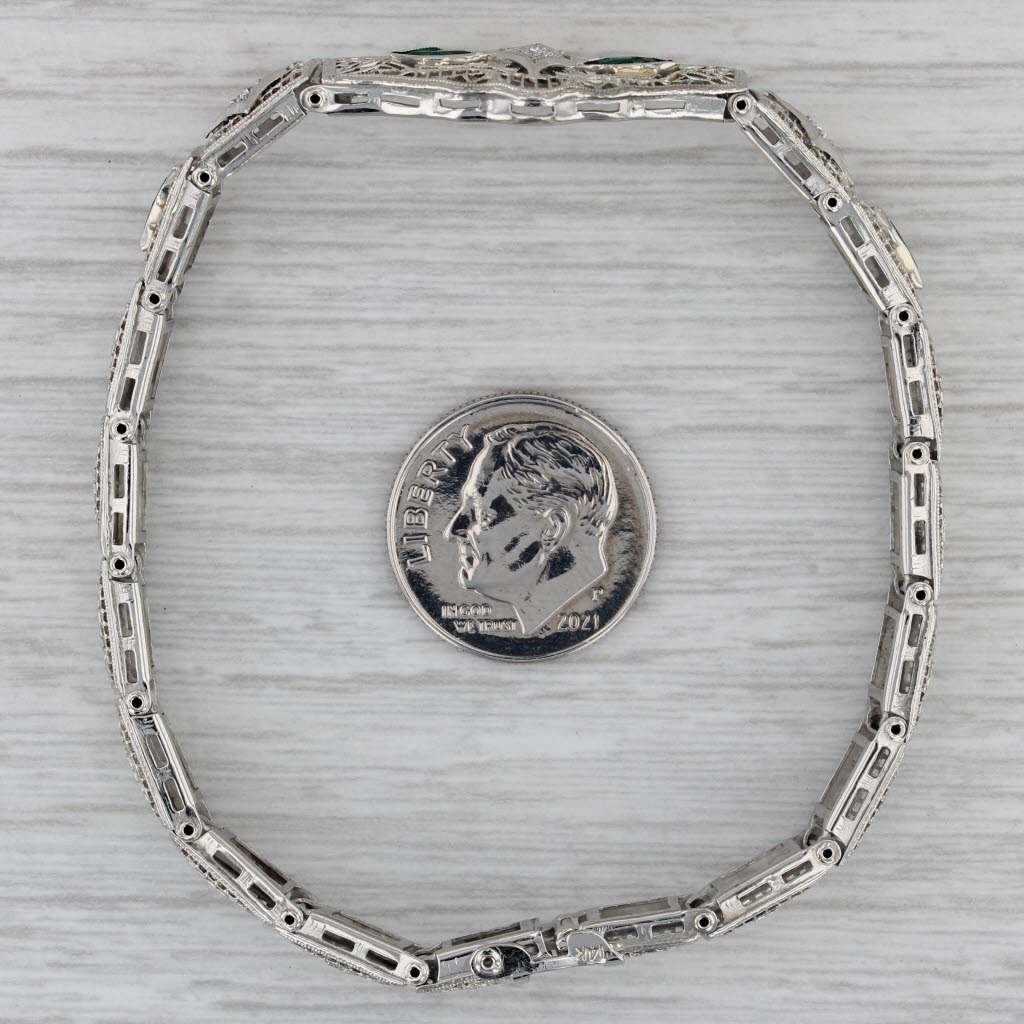 Gray Art Deco Diamond Imitation Emerald Filigree Bracelet 14k White Gold 7"