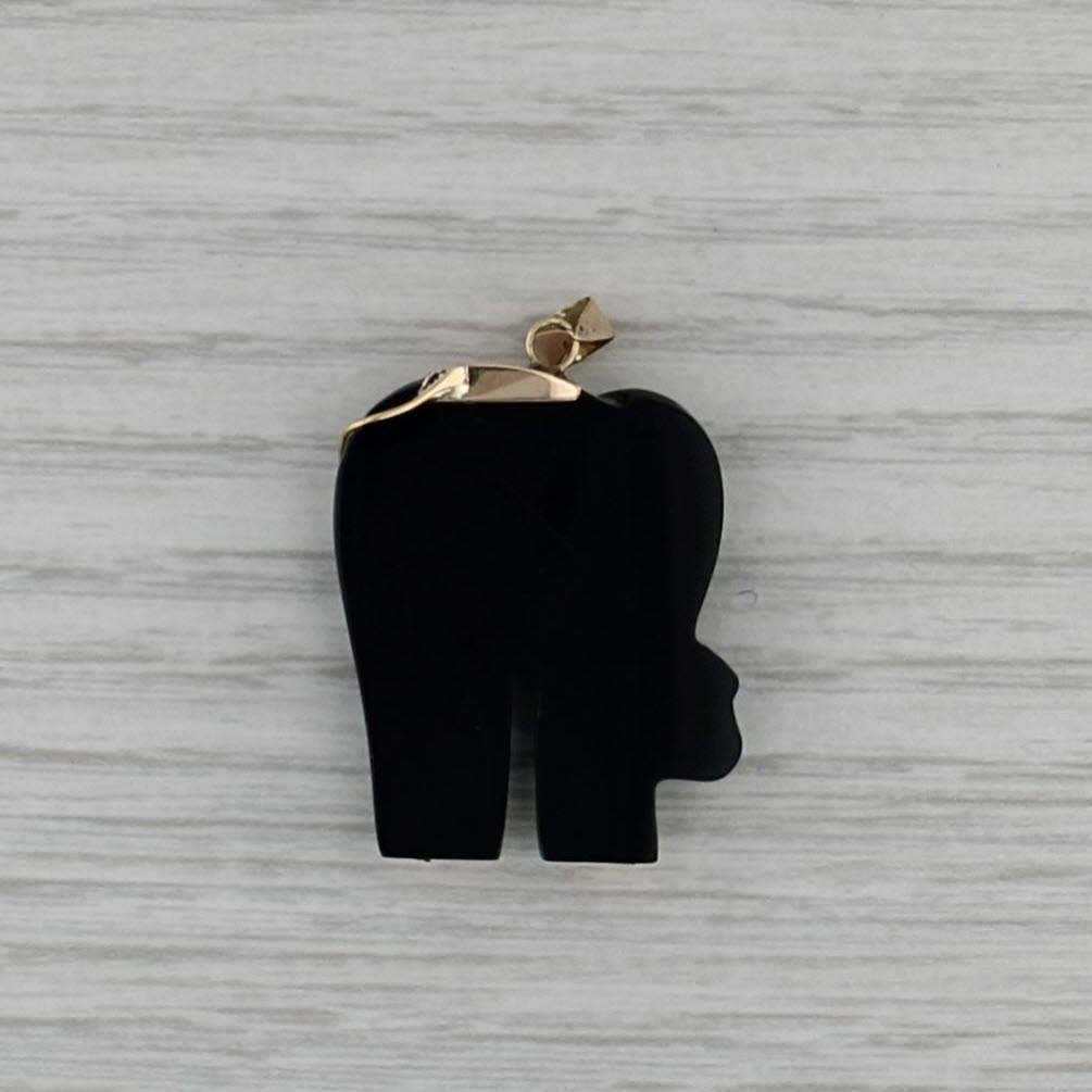 Carved Black Glass Elephant Pendant 14k Gold Longevity Chinese Calligraphy