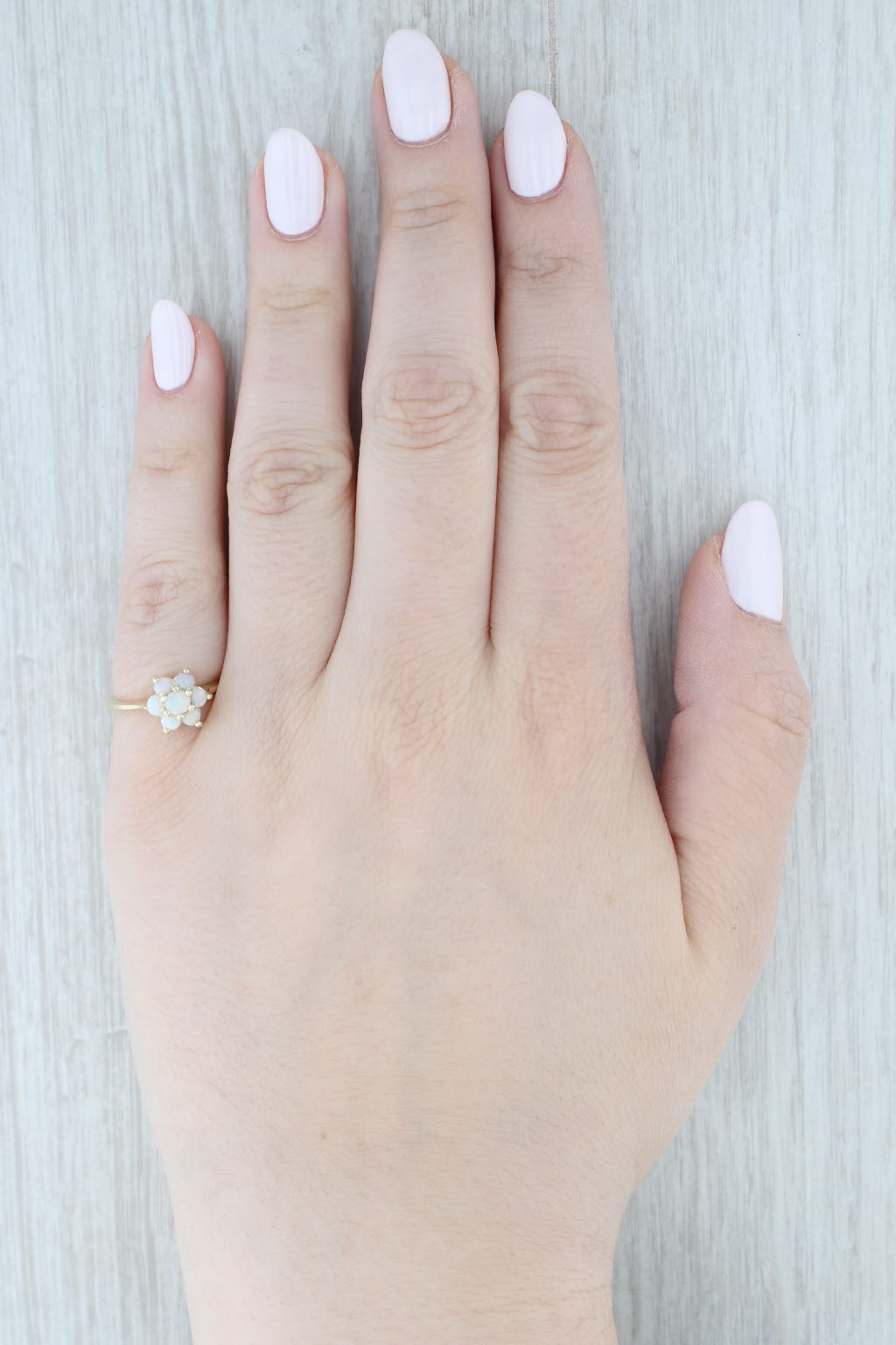 Light Gray Opal Flower Cluster Ring 10k Yellow Gold Size 6 Round Cabochons
