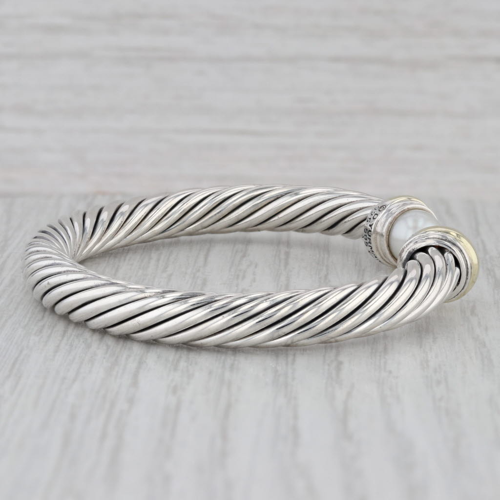 Gray David Yurman Cultured Pearl Classic Cable Cuff Bracelet Sterling Silver 7mm 7"