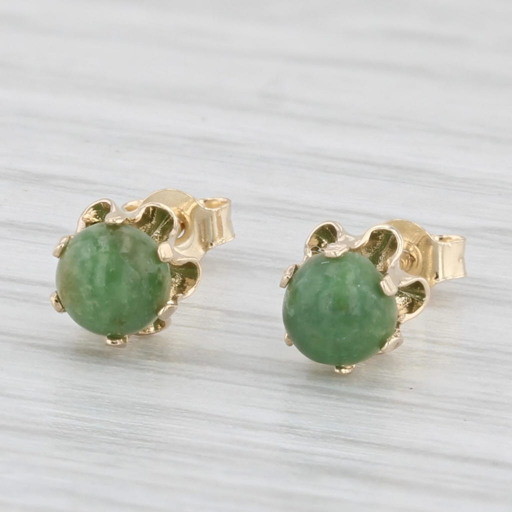 Light Gray Green Nephrite Jade Stud Earrings 14k Yellow Gold