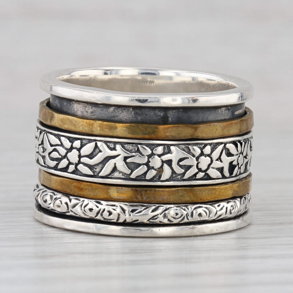 Light Gray Silpada Floral Spinner Ring Sterling Silver Brass Statement Band Size 8.25