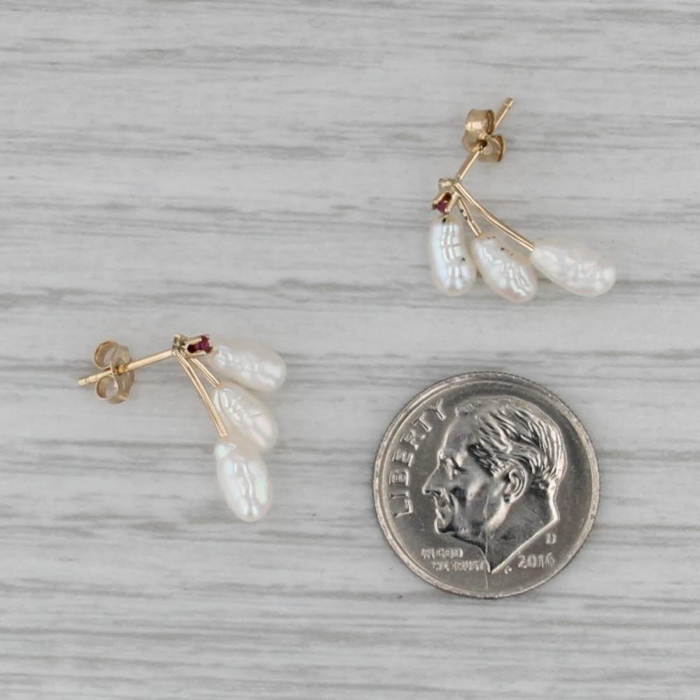 Freshwater Cultured Pearl Spray Ruby Earrings 14k Yellow Gold
