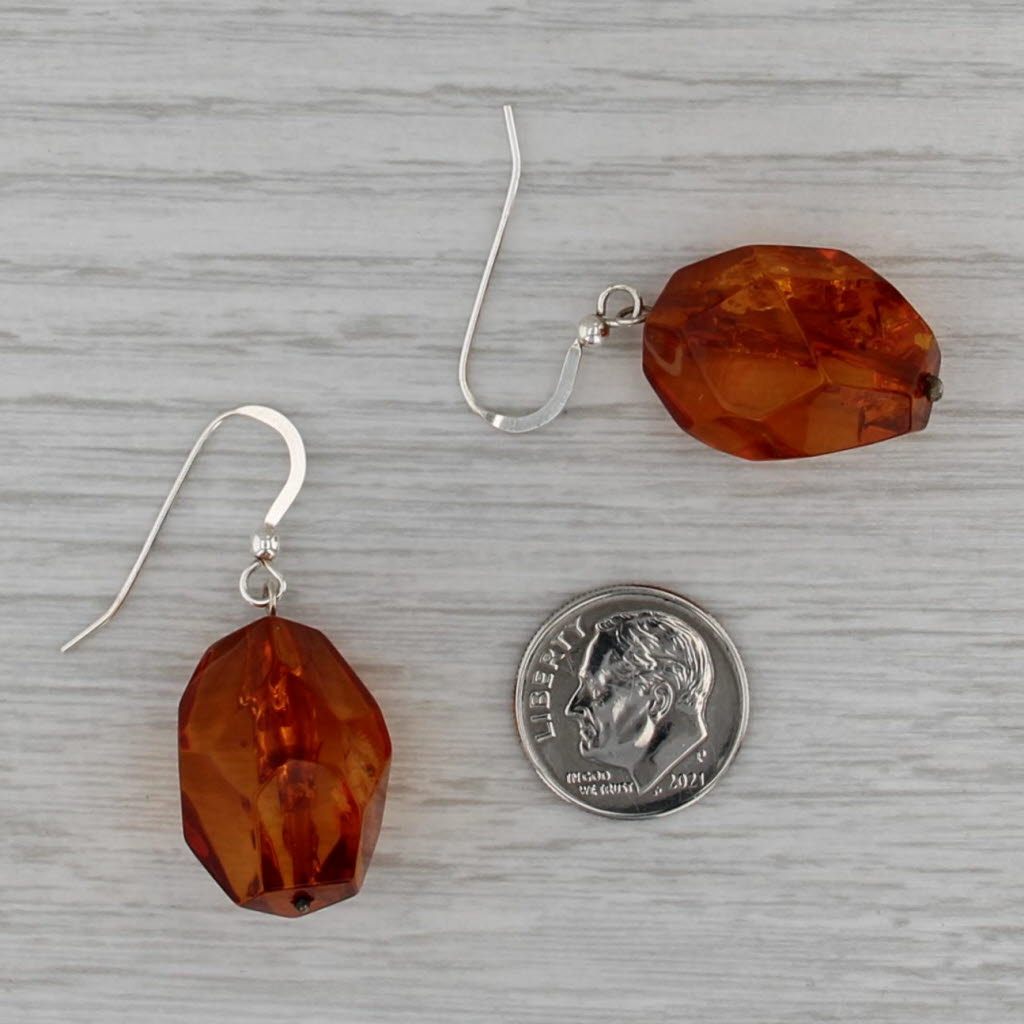 Vintage Sun Spangled Amber Dangle Earrings Sterling Silver Large Faceted Beads