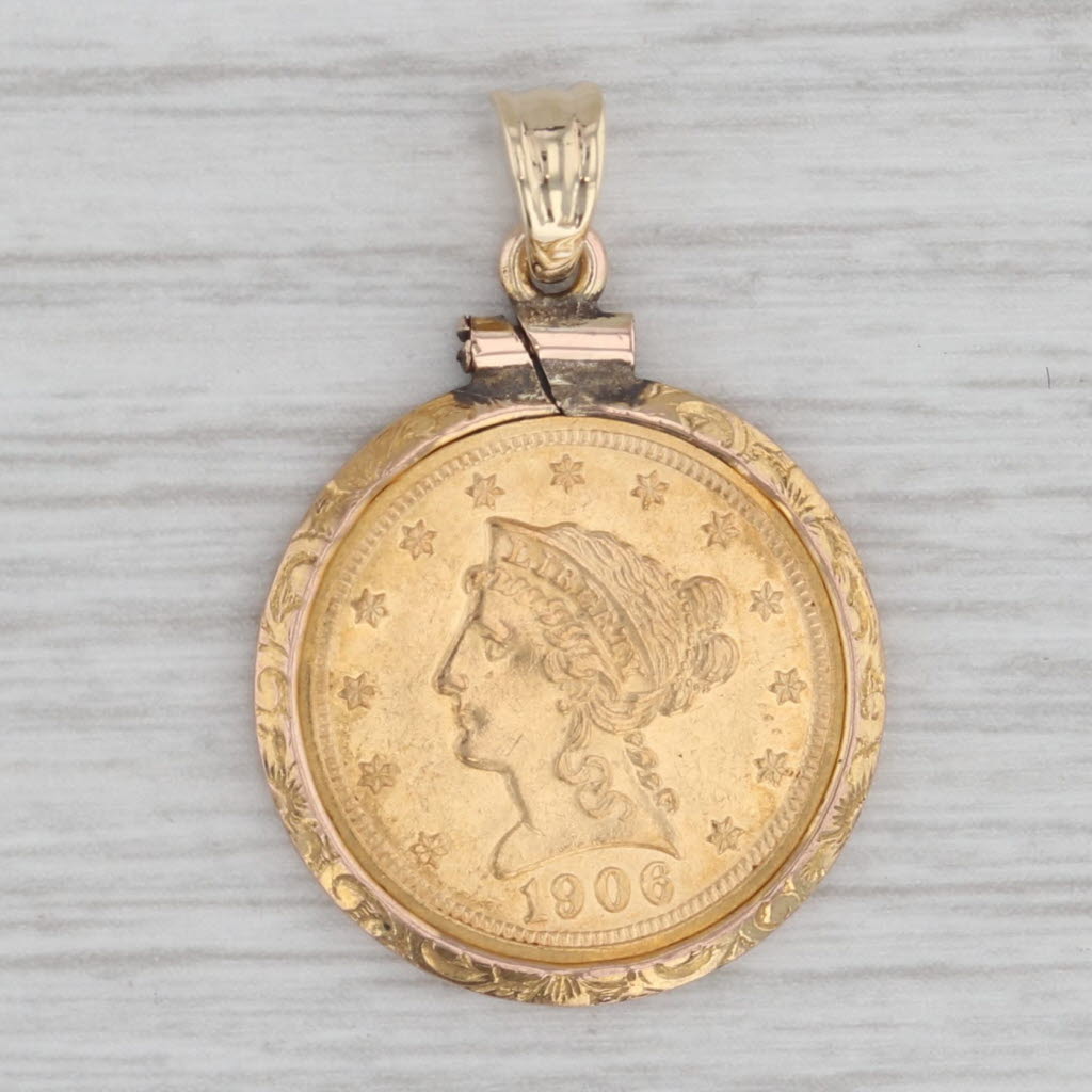 Gray Authentic 1906 American Eagle 2.50D Coin Pendant 10k 900 Yellow Gold