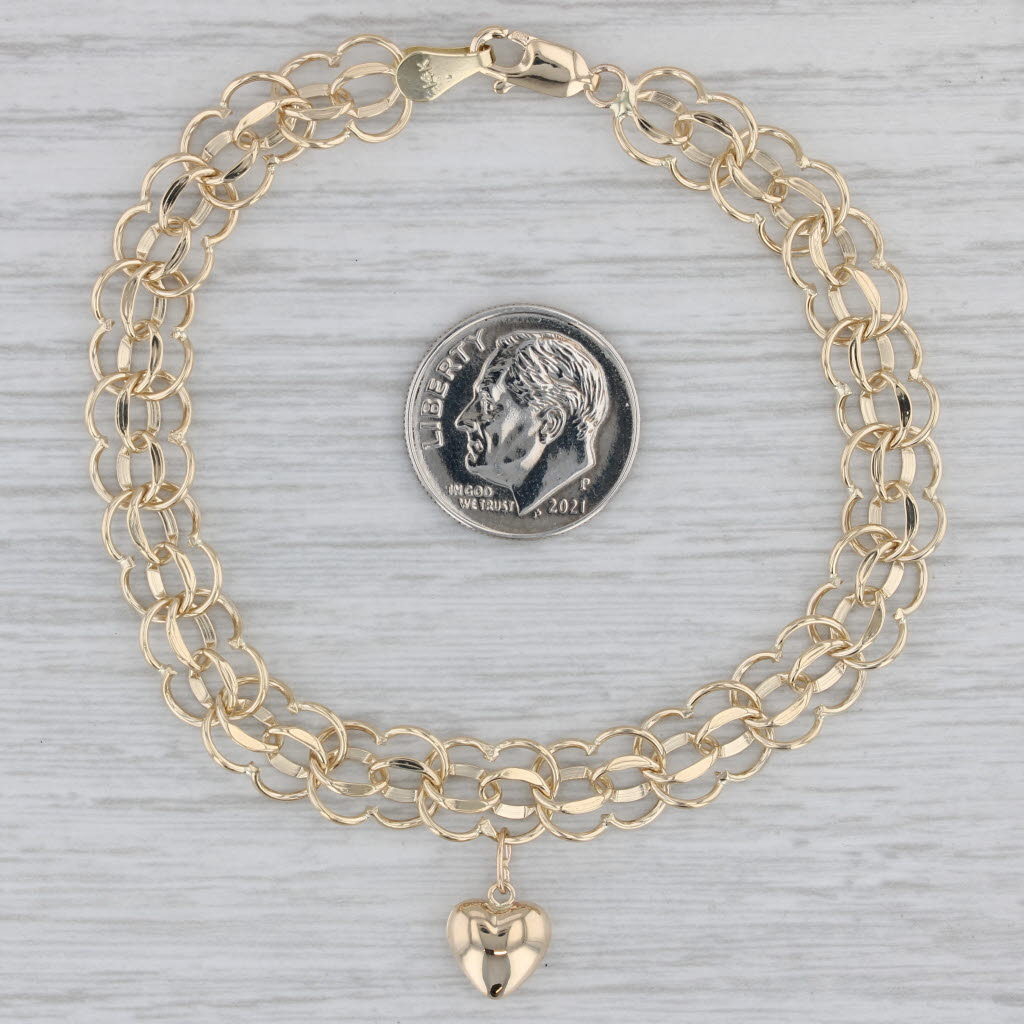 Gray Heart Charm Curb Chain Bracelet 14k Yellow Gold 6.75"