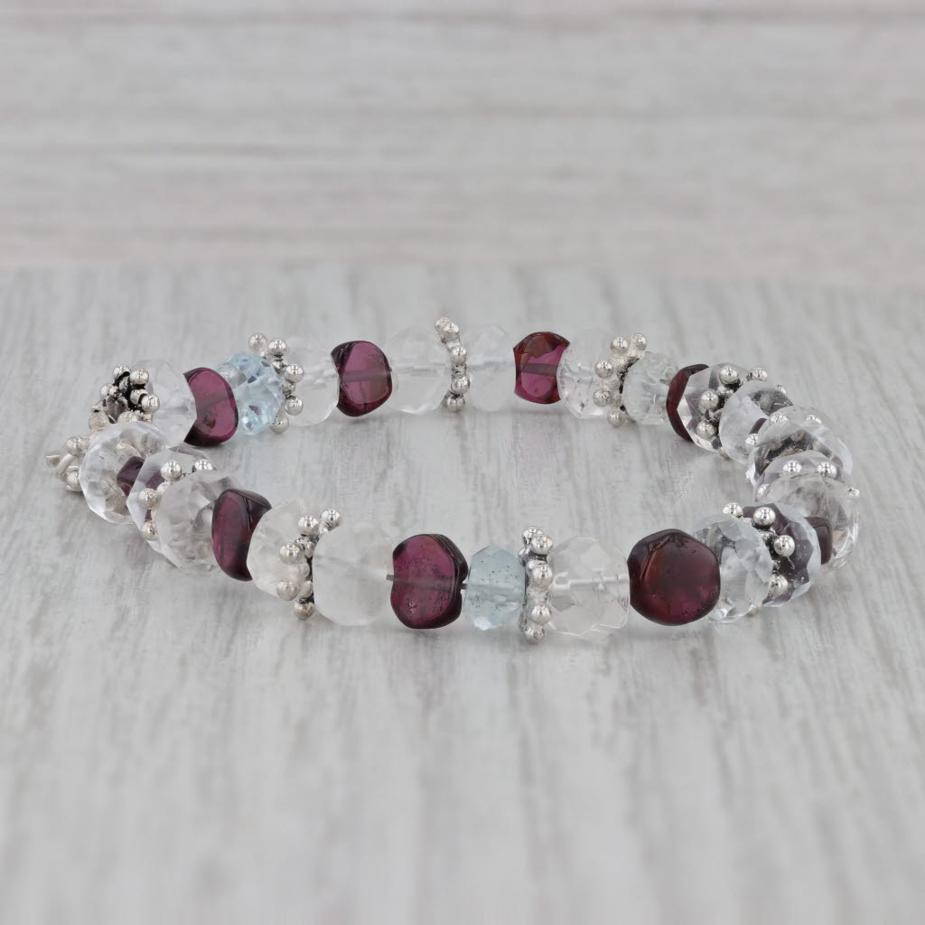 Gray Aquamarine Topaz Crystal Quartz Garnet Gemstone Bead Bracelet Sterling Silver