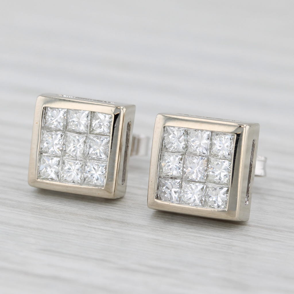 Light Gray 1ctw Princess Diamond Stud Earrings 18k White Gold