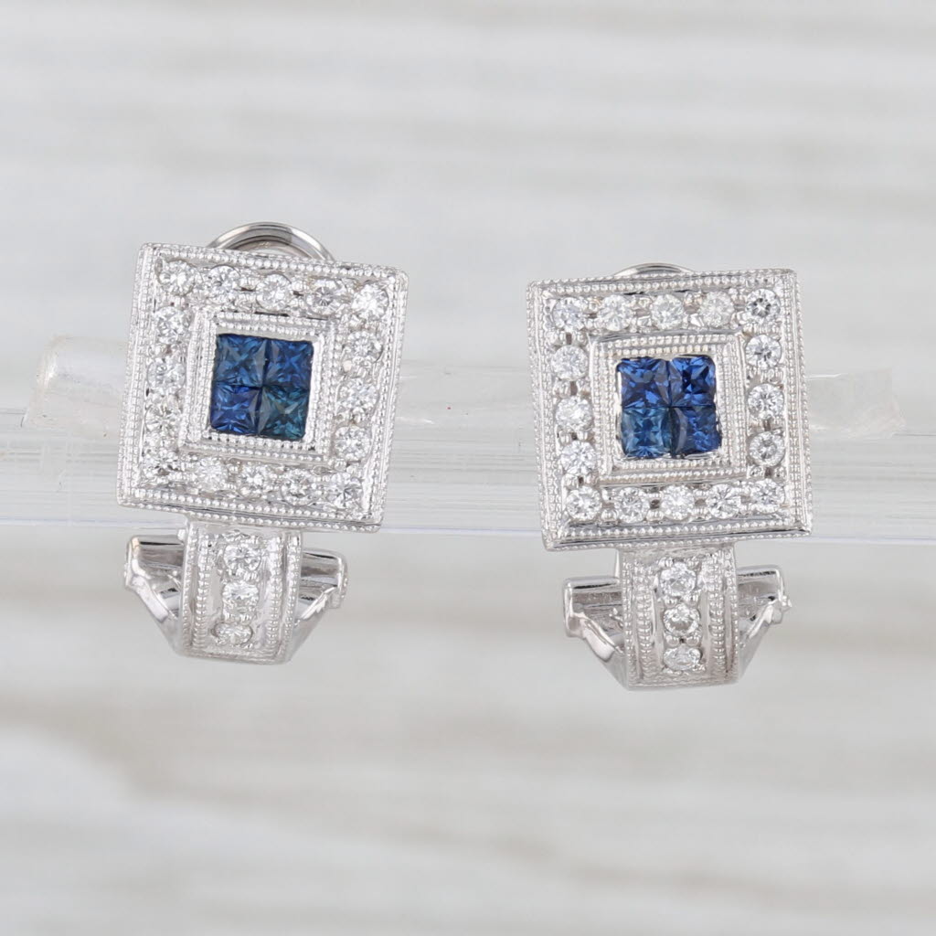 0.52ctw Blue Sapphire Diamond Halo Drop Earrings 18k White Gold Omega Backs